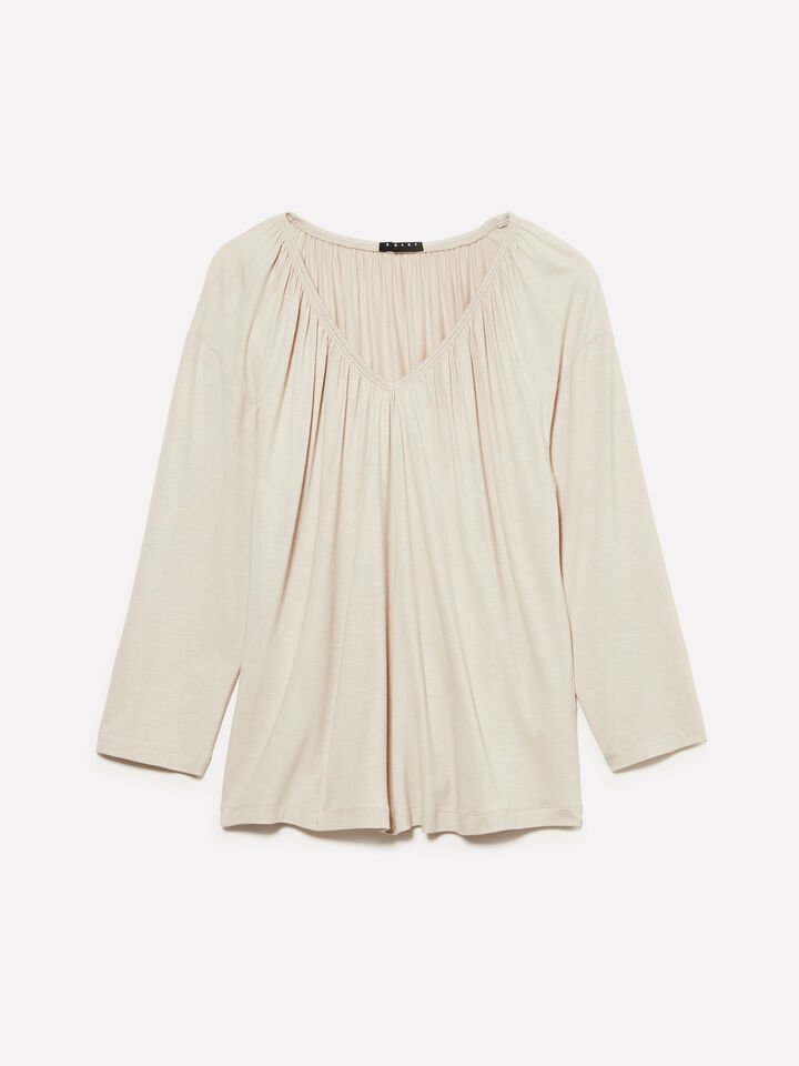 Dove gray t-shirt with curl - women's long sleeve t-shirts - Beige | Sisley image number 1
